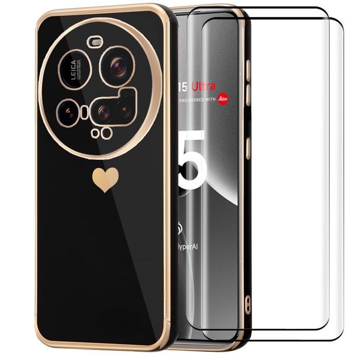 Coque de protection - E.F.CONNECTION - pour Xiaomi 15 Ultra - Souple TPU Noir - Motif Cœur - 2 Verres Trempés