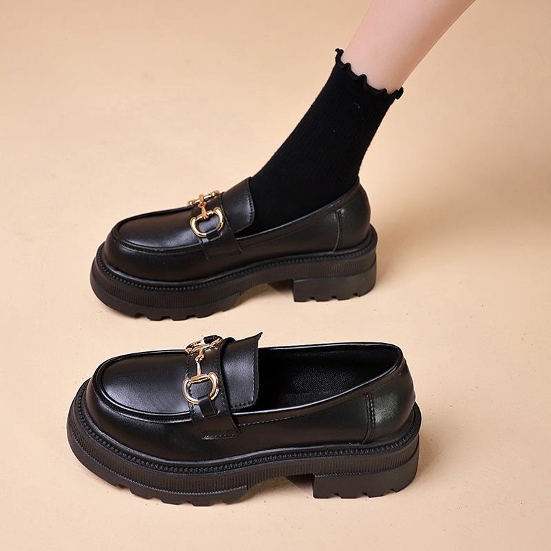 

Летняя кожаная обувь женская новая осенне-зимняя кожаная поверхность круглый носок средний толстый каблук туфли 35 чёрный