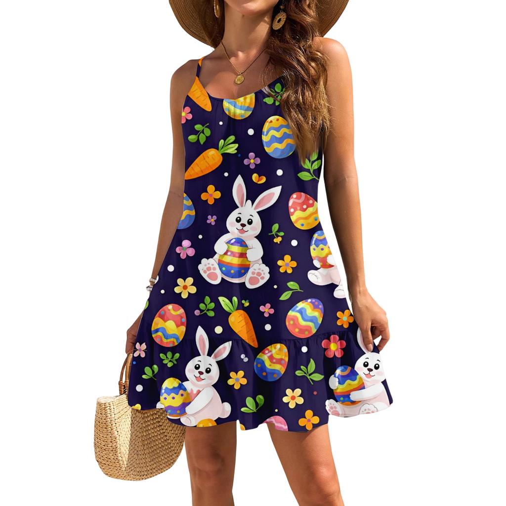 Robe décontractée élégante sans manches à bretelles ample pour femme avec imprimé plage et Pâques