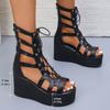 Fashion Slope Heel Sandals Summer New Round Head Thick Bottom Front Lacing Hollow Bag with Anti-slip Wear-resistant High Heels