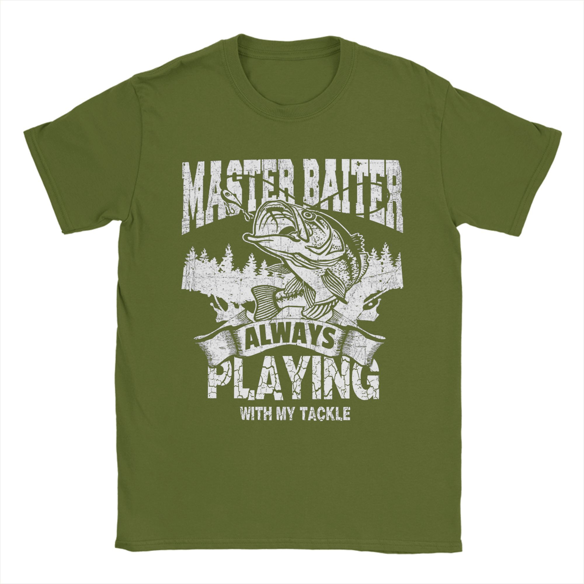 The best product for you Master Baiter Speelt Altijd met Mijn Tuig Vis T-shirts Mannen Katoen Vintage T-shirt Ronde Hals T-shirt Korte Mouw Cadeau M legergroene kleur