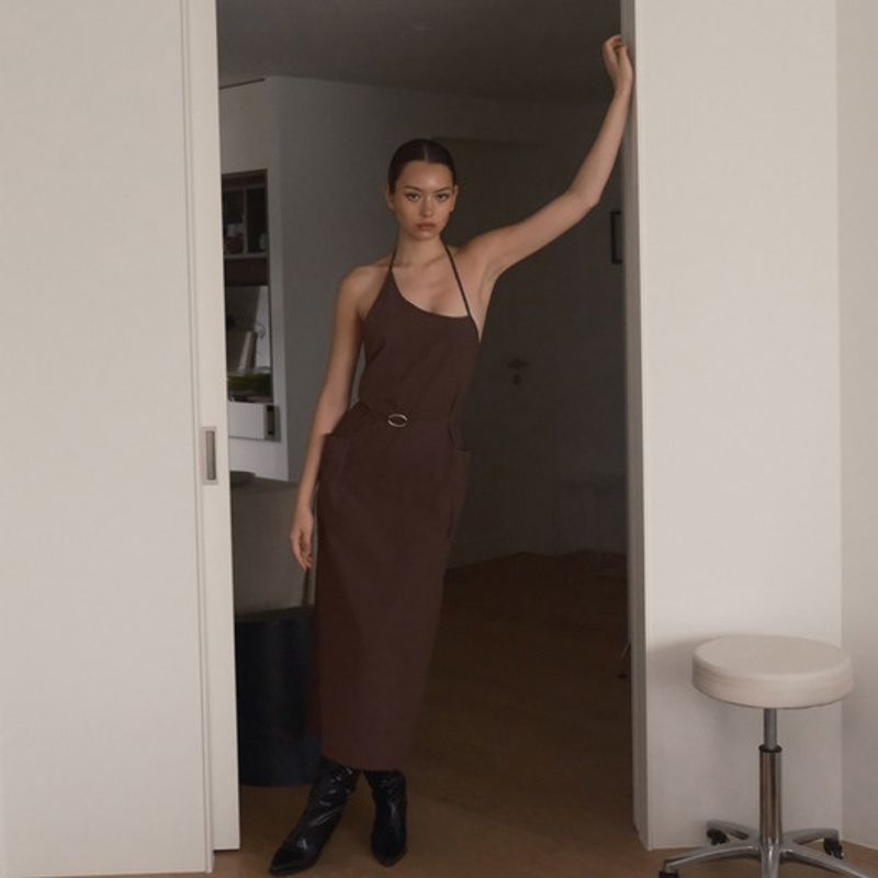 EcommaE UNBALANCED MAXI APRON (BROWN)
