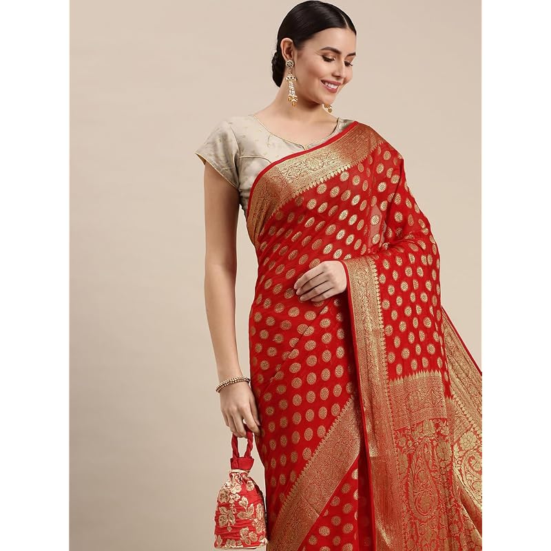 RANI SAAHIBA Women' Georgette Silk Resham Woven Saree With Blouse Piece (SSKR10187 Red)