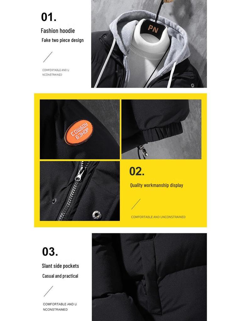 2025 Herren Baumwolljacke im Faux-Zweiteiler-Look: Verdickte, Kapuzen-Winteroberbekleidung mit Plüschpolsterung