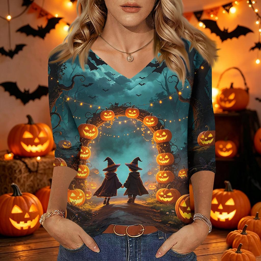 Women's Casual Halloween Printed V Neck Three Quarter Sleeve Top Tie Dye Pumpkin Bat Pattern Lightweight Blouse for Fall