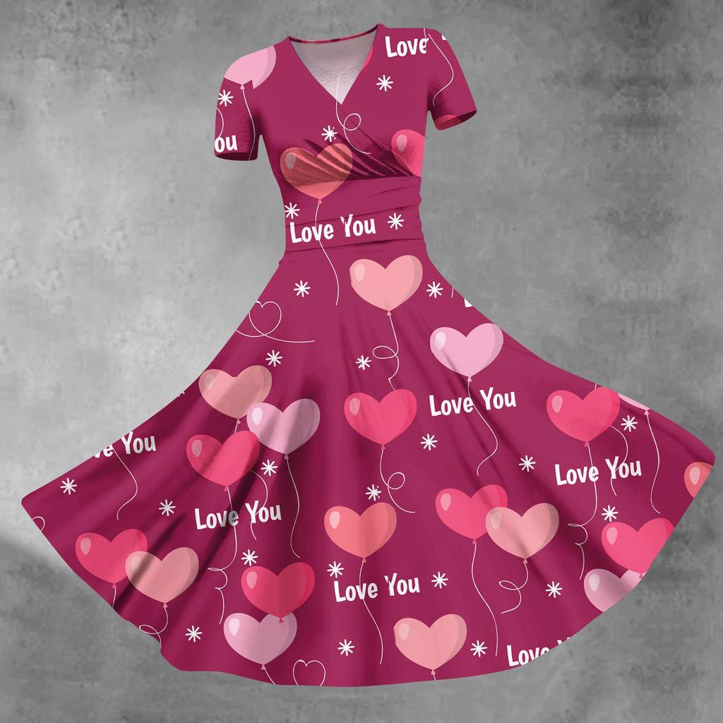 Women's Princess Dress Sexy V-neck Valentine's Day Print Waist Pull Pleated Short Sleeve Dress