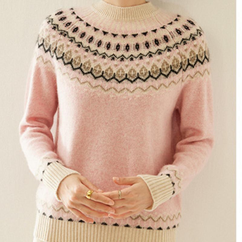 Rundhals-Colorblocking-Kaschmirpullover für Damen im Herbst- und Winterstil, stilvoll und vielseitig