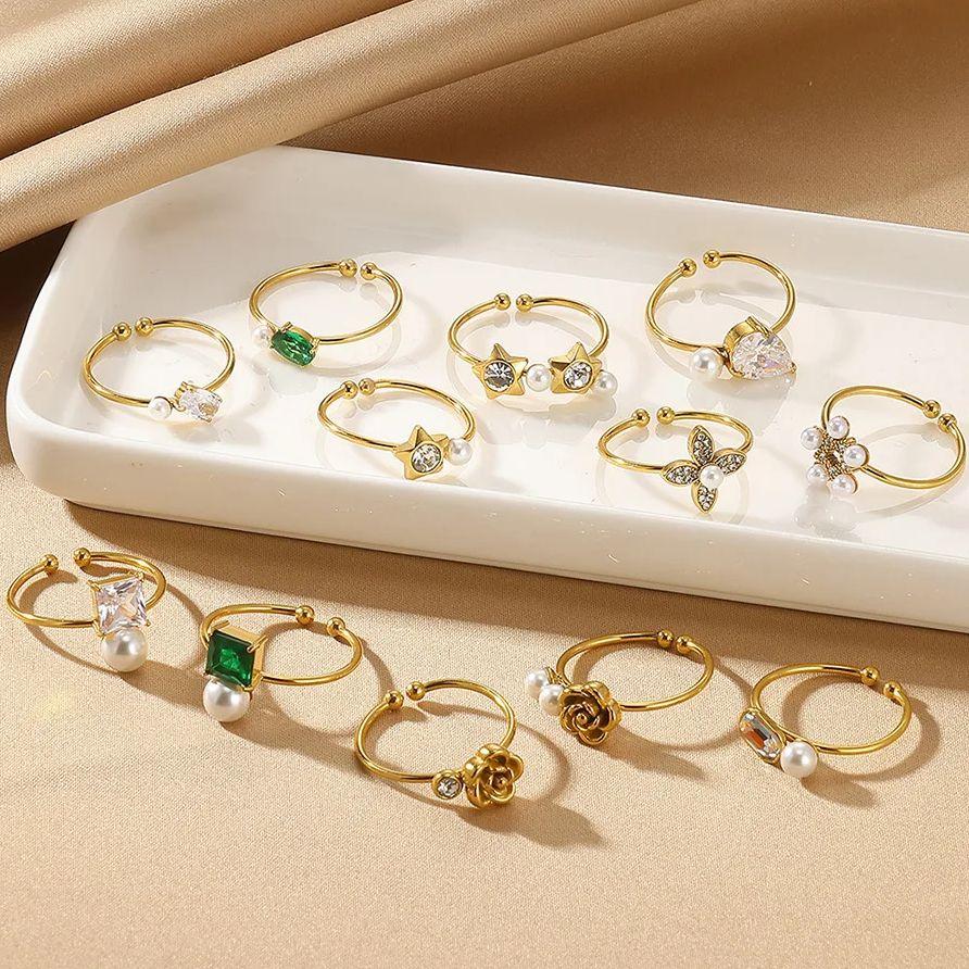 Mini Gold Color Opening Rings Cute Women Zirconia Imitation Pearl Anillos Flower Stainless Steel Ring Romantic Proposal Jewelry