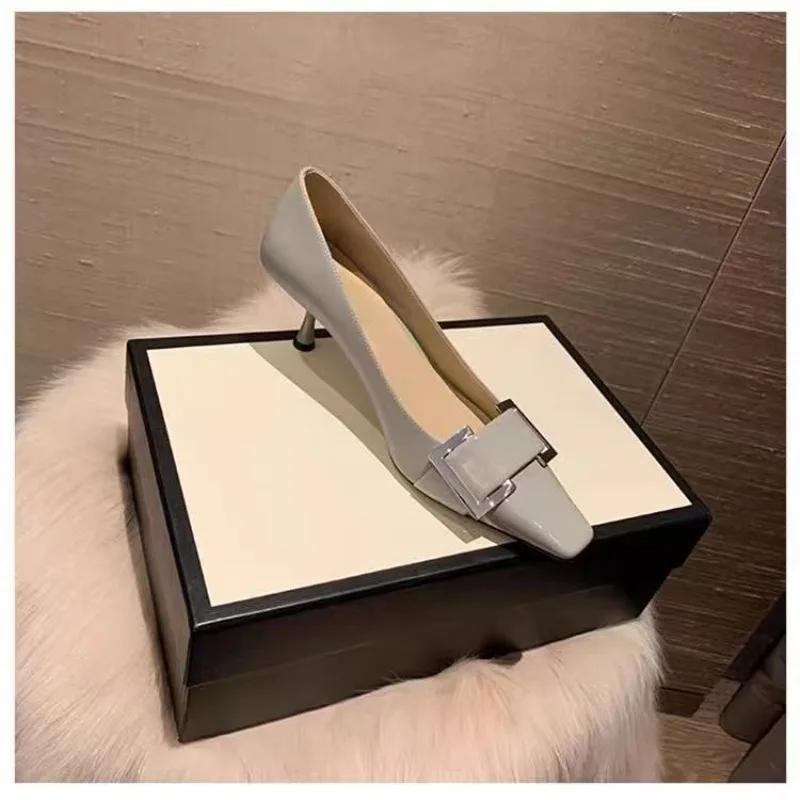 Fashion Metal Buckle Thin Heel Single Shoes Autumn New Square Toe Shallow Mouth Slip-on Kitten Heel Shoes