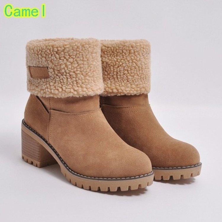 Summer women's boots winter tube women's solid color green thick heel round head snow boots flanged stiletto