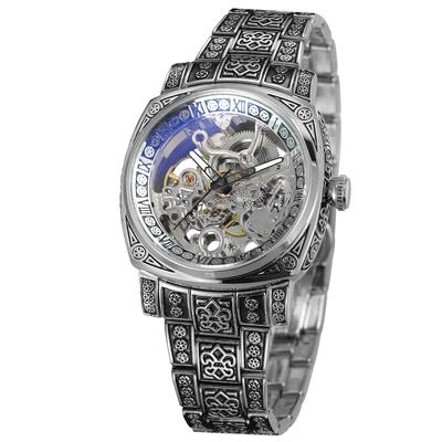 BOLYTE Skelett Mechanisch Quadratisch Vintage Graviertes Stahlarmband Faltschließe Retro Geschenk für Silber Herrenuhr, Automatisch, Gehäuse, & Schließe, Ihn,