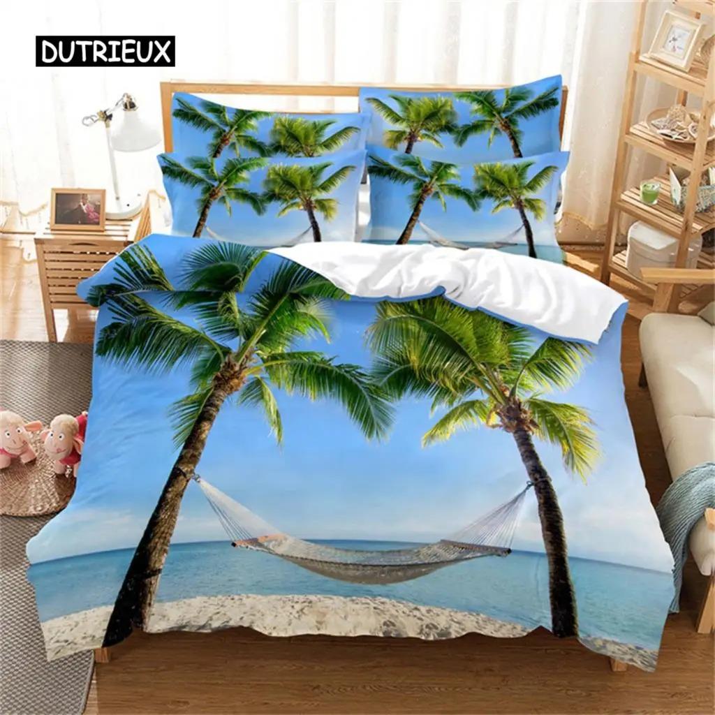 Beach Coconut 3D Tree Duvet Cover Ocean Beach Plants Bedding Collection Comforter Cover Collection For Boy Girls Bedroom Decor Bedding Collections