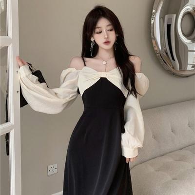 Temperament Splicing Long Sleeve Ladies' Dress Hepburn Style Thin High Waist Black Halter Long Skirt Pleated Zip with Design