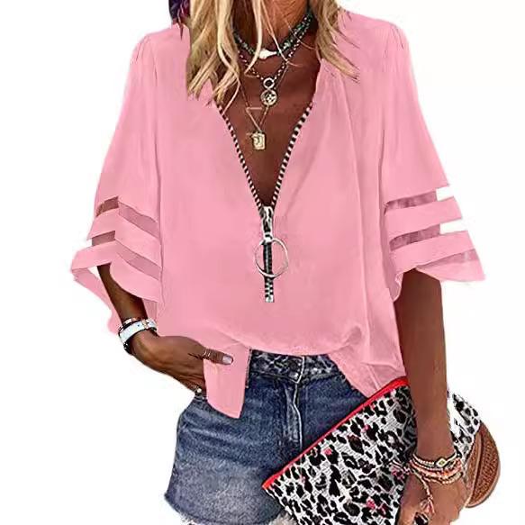 Women S Loose Chiffon Blouse V Neck Zip Flare Sleeve Mesh Spliced L розовый