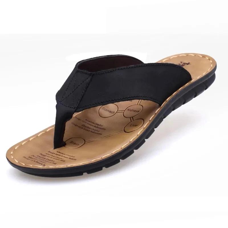 Fashion 2026 Summer Shoes Men Slippers Flip Flops Pu Leather Non-slip Flat Mens Sandals Holiday Footwear Black Khaki Chanclas De Hombre