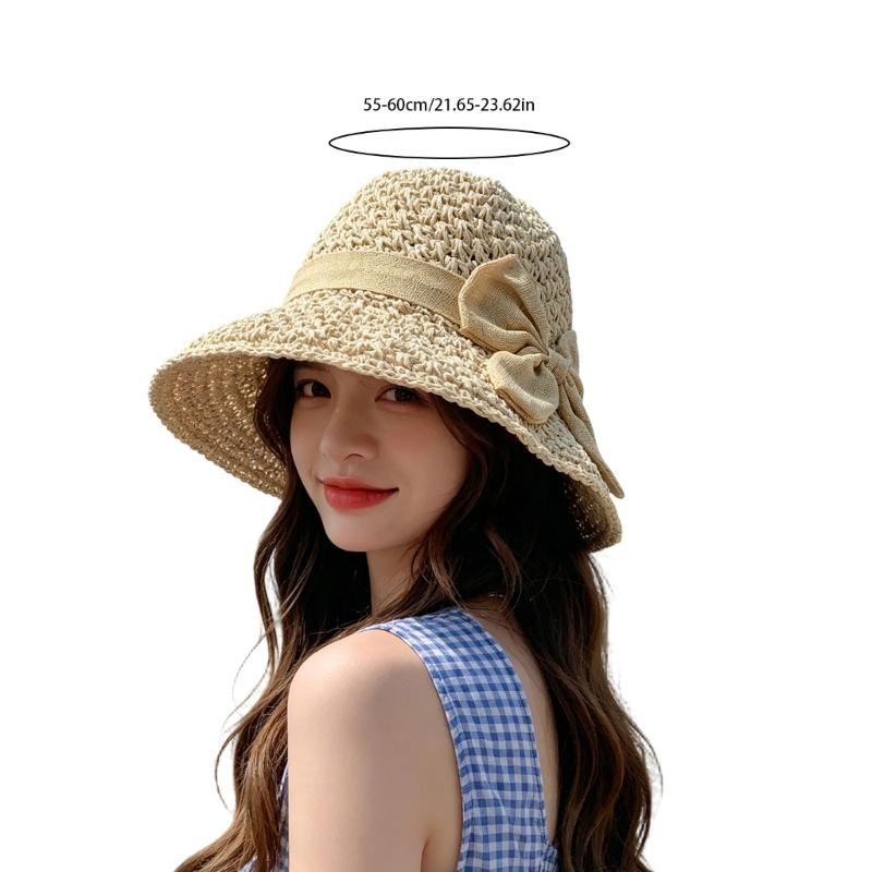 Elegant Bows Straw Hat for Women Breathable Summer Beach Hat Sun Protections Wide Brims Fisherman Cap