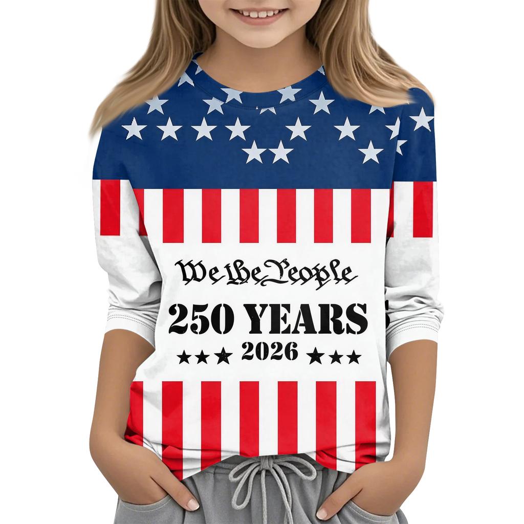 Children's 3/4 Sleeve Tops Casual Print T Shirt Round Neck Pullover Blouse