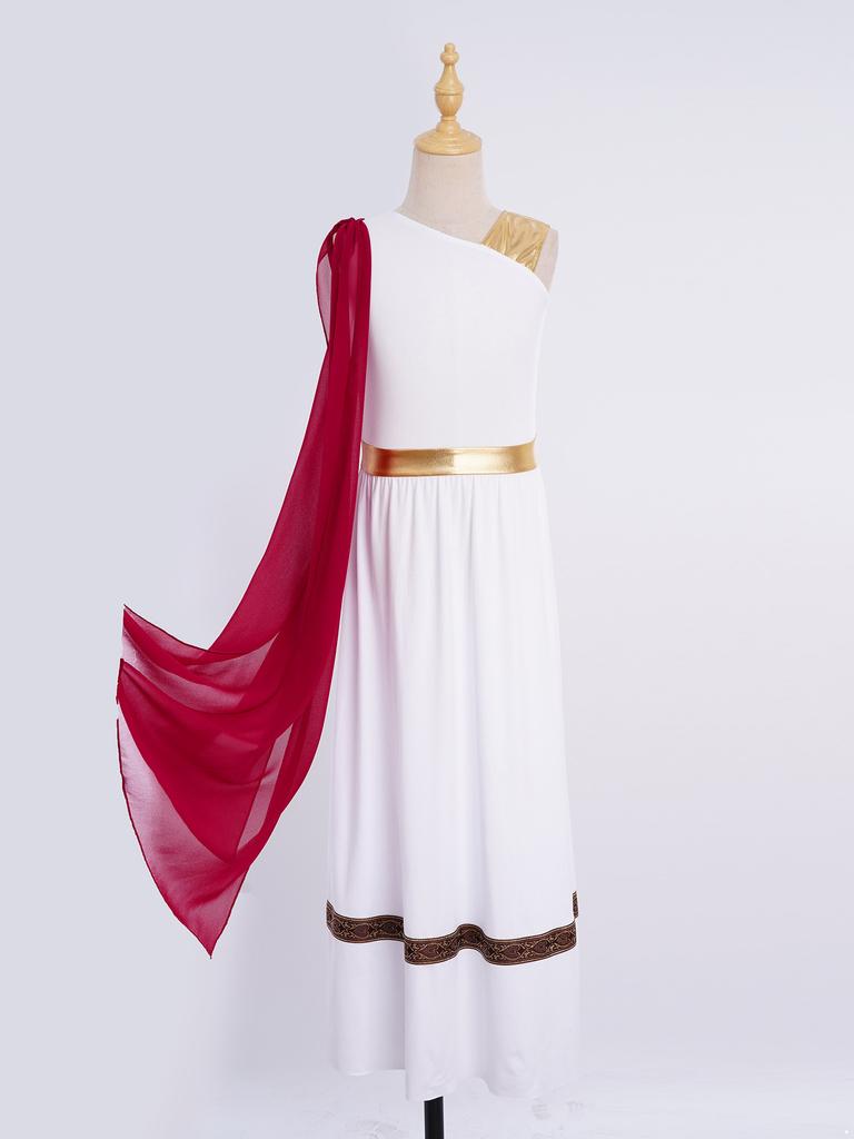 Costume da Esibizione Teatrale per Ragazze: Abito senza maniche con patchwork metallico e mantella a scialle per Cosplay di Dio Greco Romano