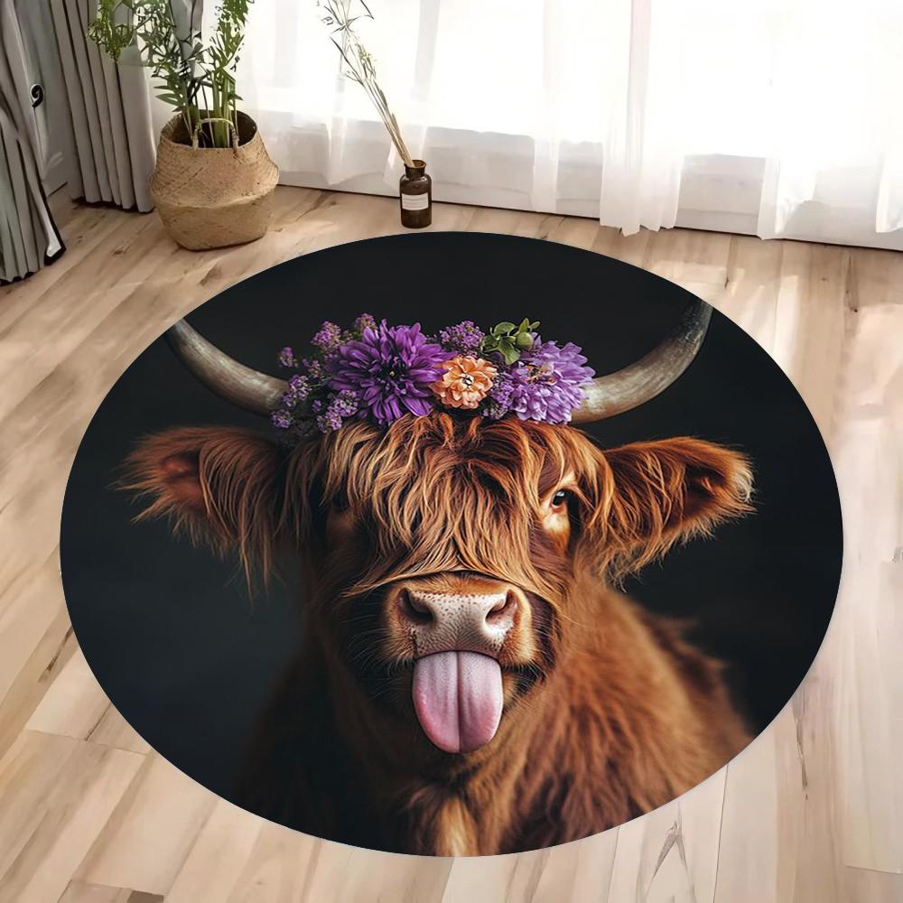 Scottish Highland Cattle Pattern Round Rug Kids Room Circular Carpet Living Room Bedroom Home Decoration Computer Chair Area Mat
