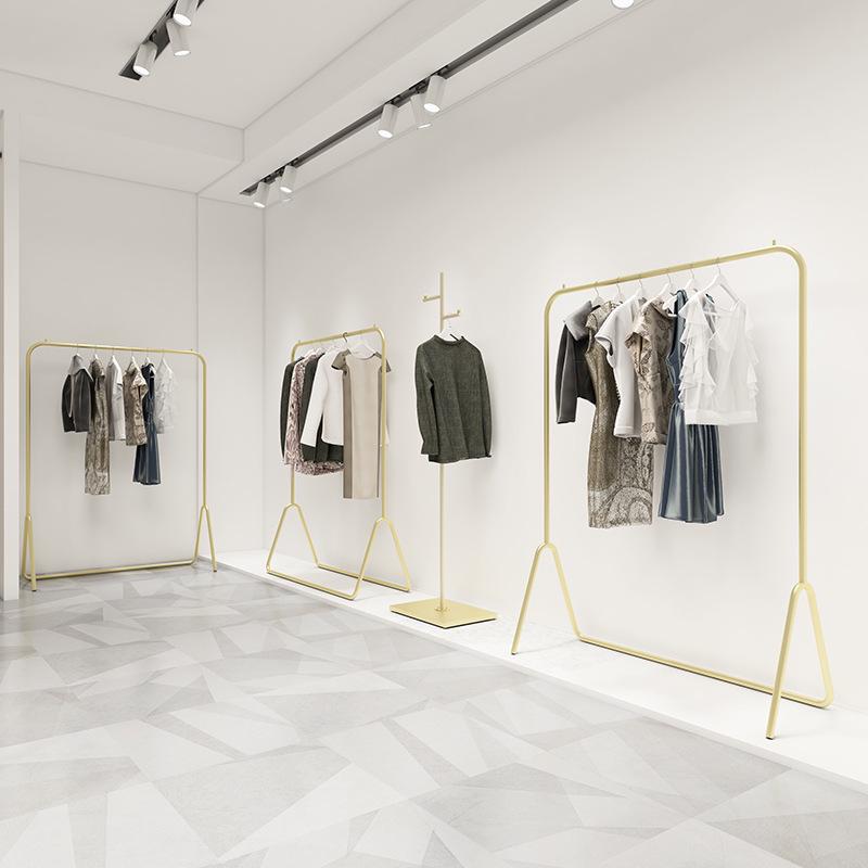 Gold Women's Clothing Display Stand - Floor-Standing Hanger Rack with Side Hooks