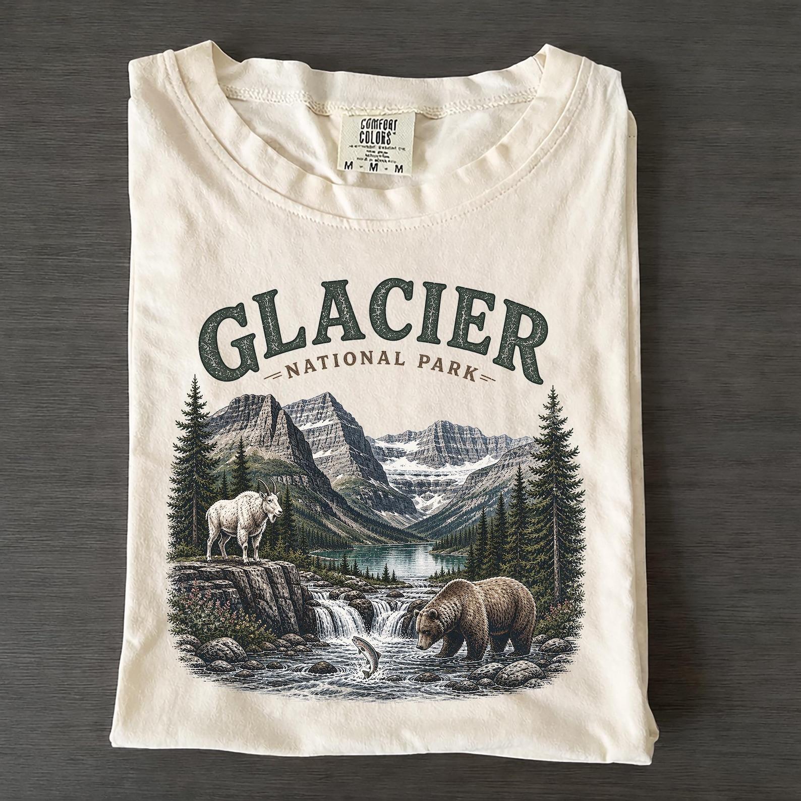 Glacier National Park Montana Mountain Wildlife Tee, Retro Hiking Comfort Colors Shirt S