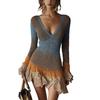 Spring Summer Women's European American Style V-neck Long Sleeve Knit Mini Sweater Dress