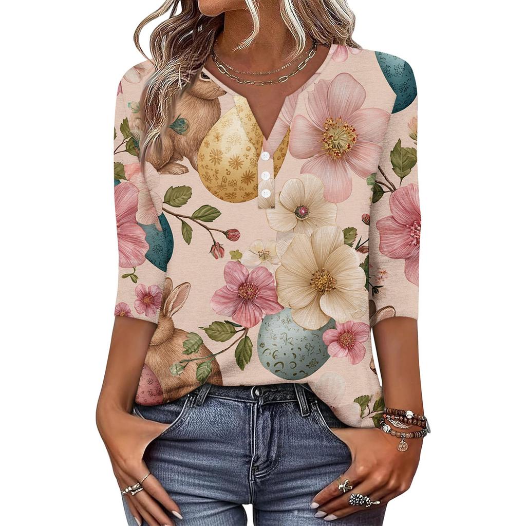Top T-shirt de Damă la Modă și Casual cu Imprimeu Iepuraș de Paște și Ouă, Decolteu în V, Nasturi, Mânecă Trei Sferturi