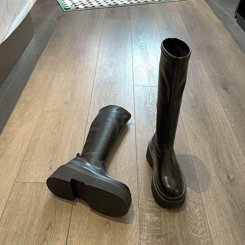 Dámské nové dlouhé boty Podzimní platforma Maillard vysoké boty Černé střední boty