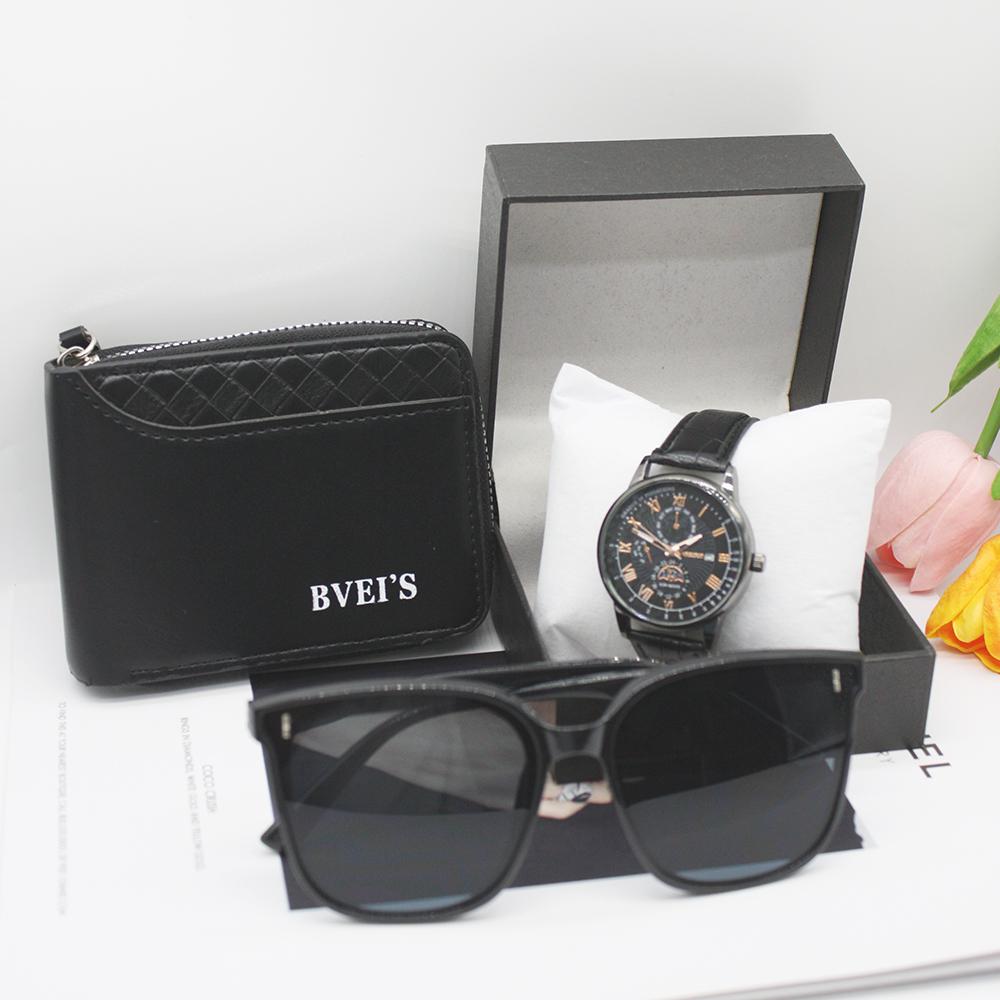 3pcs Set Quartz Wrist Watches Leather Pouch Men's Sunglasses Original Classic Personality Temperament Men's Watch for Outdoors