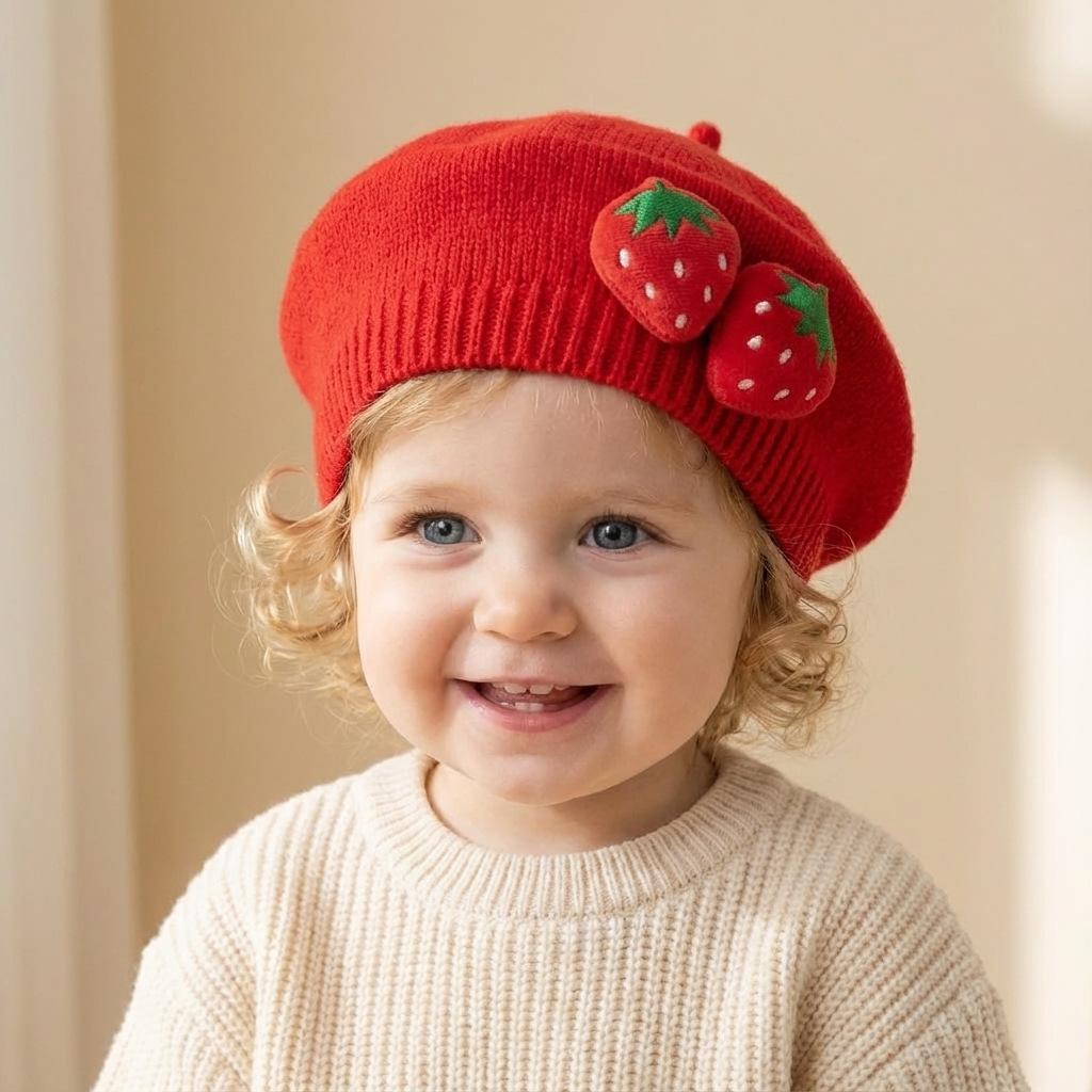New Spring Baby Beret 0-12M Sweet Strawberry Infant Girls Knit Hat Cute Warm Toddler Stylish Hat