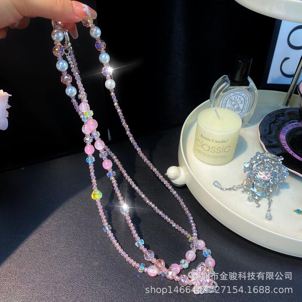 Long Phone Chain Crossbody Alloy Butterfly Zircon Pendant High-End Beaded Chain Crystal Bead Strap