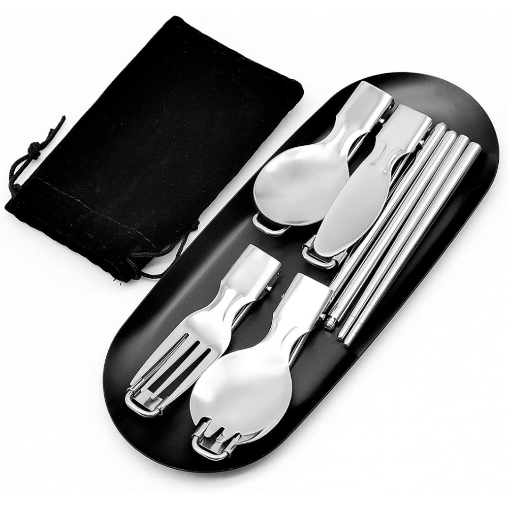 5 bucăți ustensile de călătorie din oțel inoxidabil, set de tacâmuri portabile pliabile de camping, inclusiv cuțit furculiță lingură betisoare pentru picnic, drumeții, școală