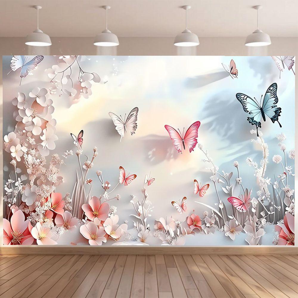 1 Stück Hochzeits-Saison Hintergrundbanner zartrosa und weiße Blumen bunte Schmetterlingsdekoration geeignet für Wohnzimmer Schlafzimmer