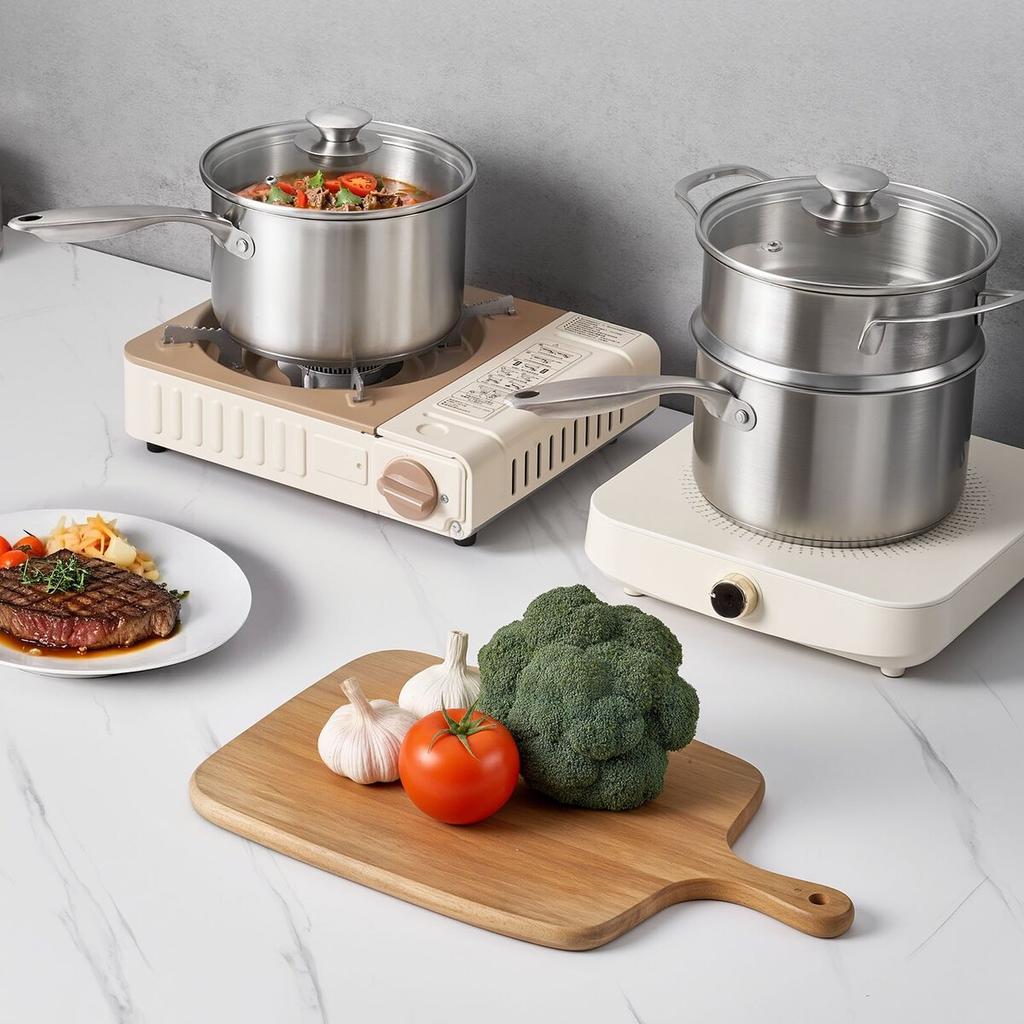 2.5 QT Saucepan with Steamer, Stainless Steel Saucepan with Glass Lid, Multipurpose Nonstick Stainless Steel Sauce Pot with Ergonomic Handle, Friendly