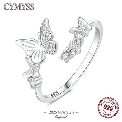 Joyería Fina Original para Mujer Plata 925 Circonita Incrustación Completa Resina Mariposa Flor Pequeña Anillos Abiertos Ajustables Regalos