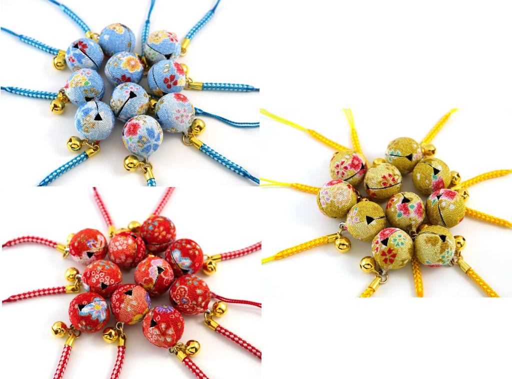 [Zune] Blume Chirimen Glocke (20 mm Durchmesser, 8 mm Durchmesser) Japanischer Chirimen Netsuke Anhänger Schlüsselanhänger Mittlere Glocke (3er Set (Weißes Indigo, Senf,