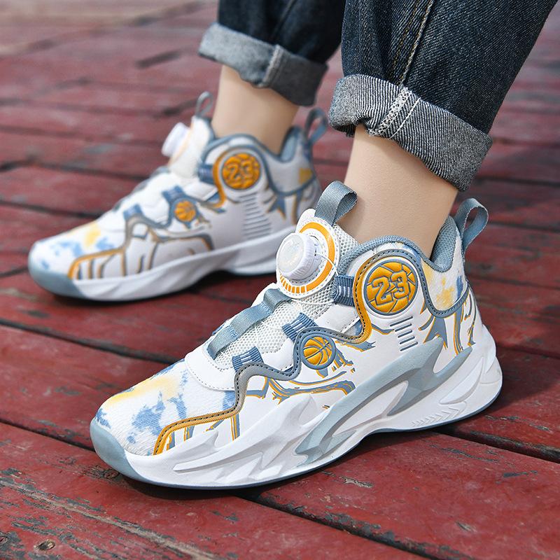 Net Shoes Spring and Autumn Actual Combat Boys Basketball Shoes Rotating Button Training Sneakers Running Shoes 6-12 Years Old