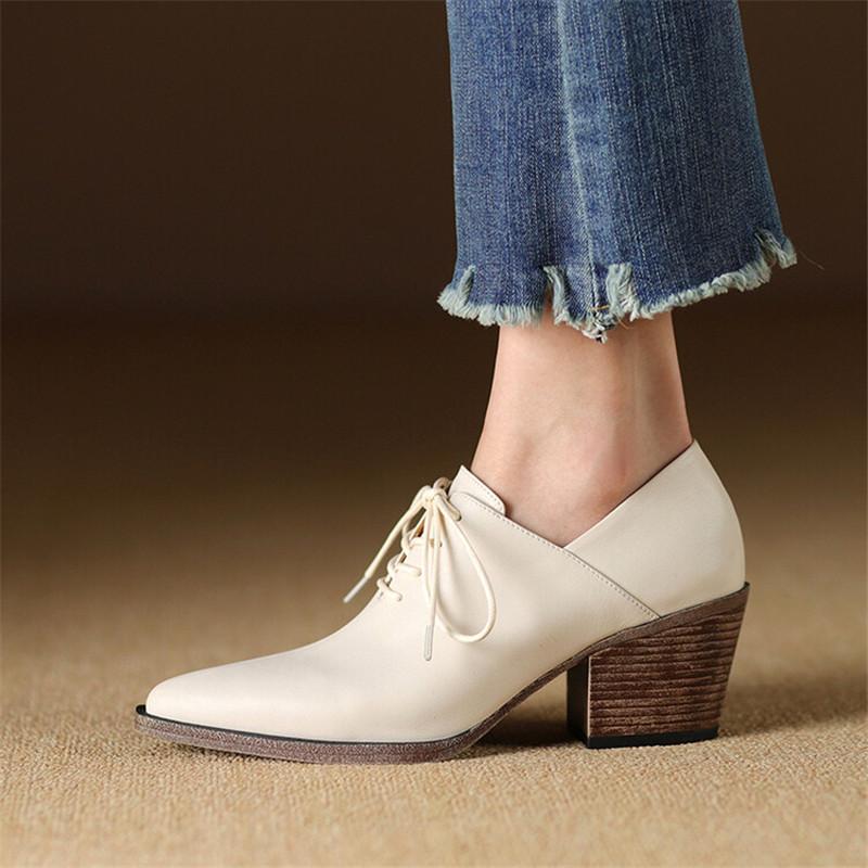 Fashion New Spring Genuine Leather Women Shoes Pointed Toe Women Pumps Fashion High Heel Loafers Shoes for Women Chunky Heel Shoes Black
