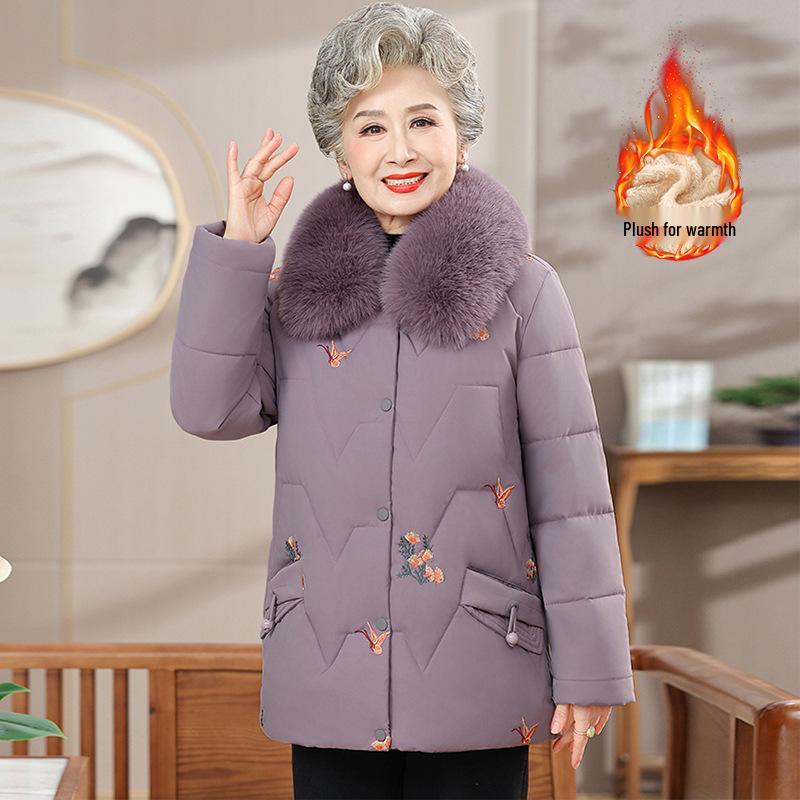 Plus Velvet Winter Jacket with Fur Collar for Elderly Women - Thickened Cotton Padded Coat for Middle-Aged & Senior Ladies