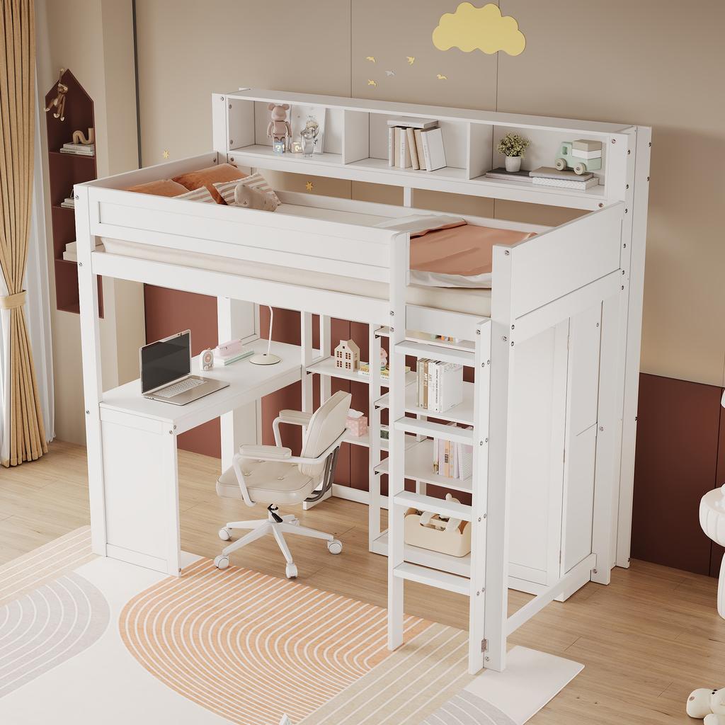 Letto a Castello con Scrivania e Armadio, Letto per Bambini, Barra di Protezione Anti-caduta, con Mensole e Scala a Quattro Gradini, Contenitore, Pino+MDF+Compensato, Bianco, 90x200cm