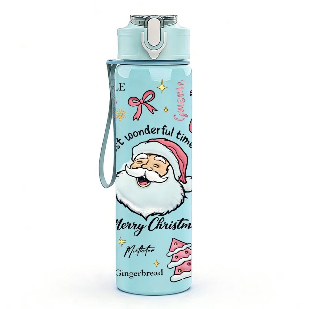 1PC Santa Claus Winter Xmas Lettering 750ml Color Plastic Sports Water Bottle Leakproof Flip Straw Lid Suitable for Sports Office Home Use
