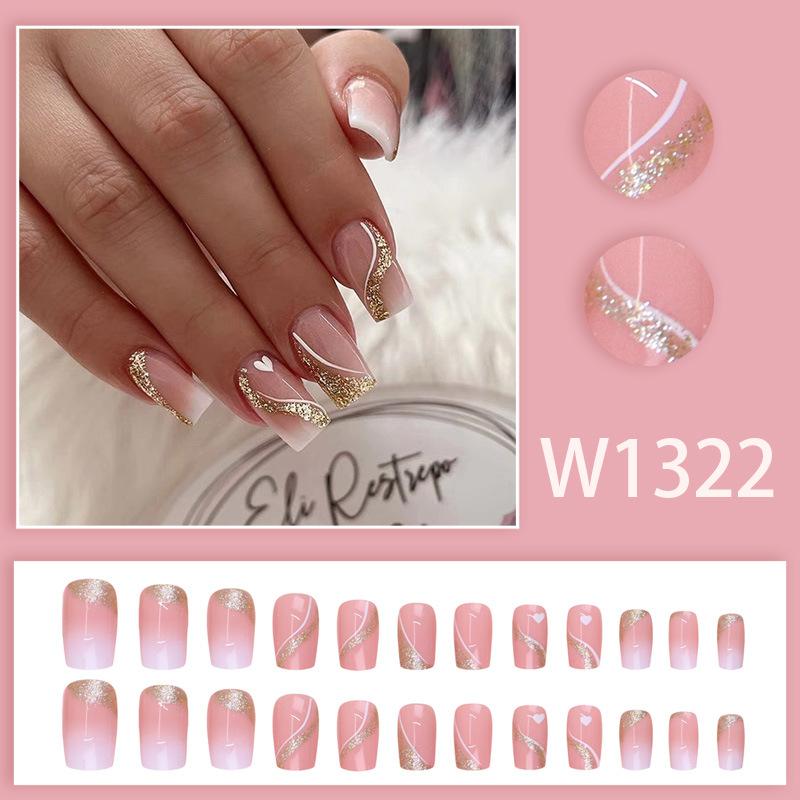24 Pieces Pink white gradual change gold glitter simple decoration short temperament white nail art autumn and winter temperament white wear nail