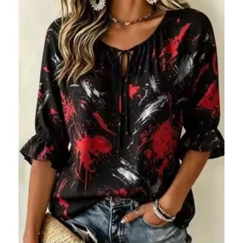 Women's Tie Keyhole Neck Blouse, Khaki Vintage Brown Scroll Floral Allover Print, for Spring Summer Daily Outfits