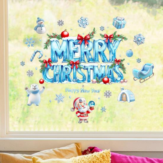 Merry Christmas Window Cling Removable Waterproof Santa Snowman Snowflake Static Glass Sticker Holiday Party Decoration Decal