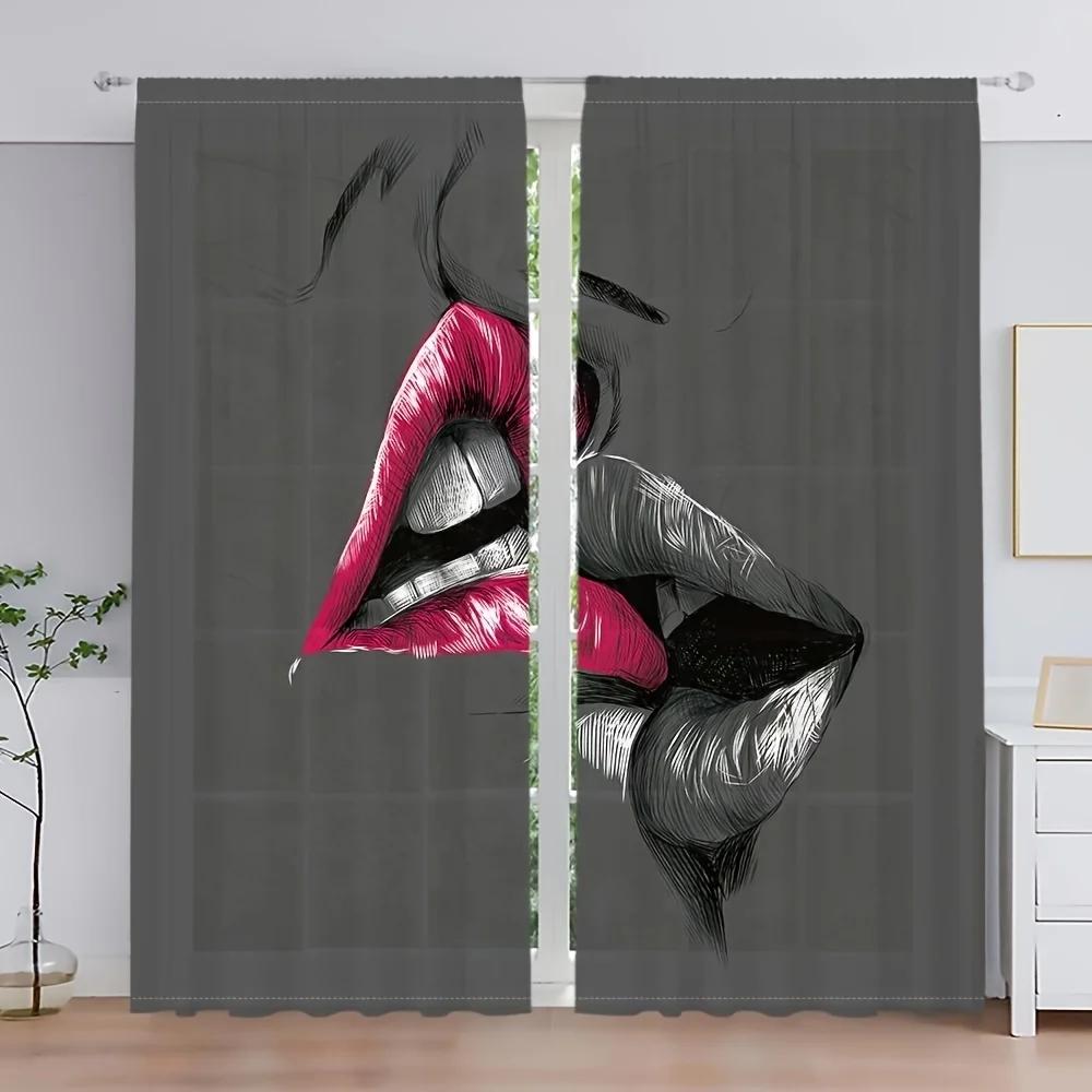 2pcs Lips Printed Translucent Curtains Multi-scene Polyester Rod Pocket Decor Curtains For Living Room Playroom Bedroom Home