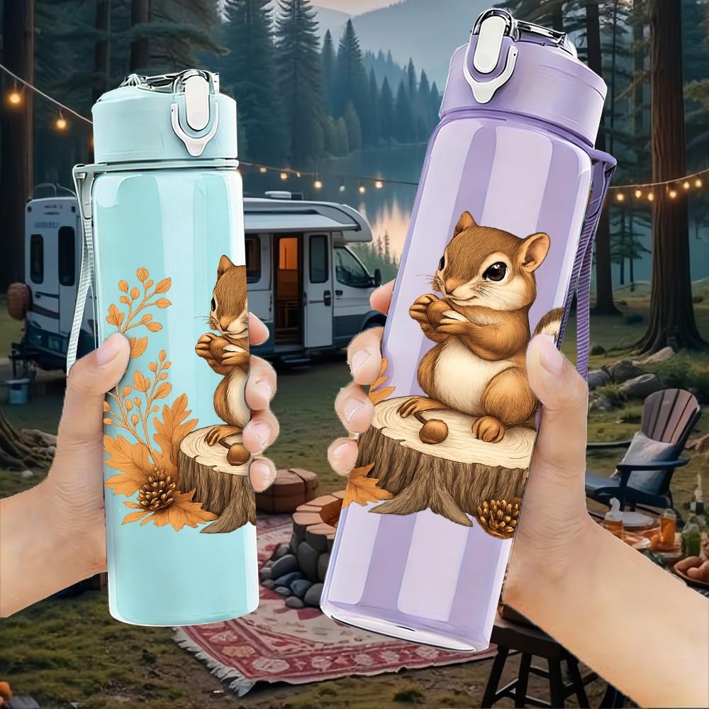 1PC Tree Stump Squirrel Cartoon 750ml Color Plastic Sports Water Bottle Leakproof Flip Straw Lid Suitable for Sports Office Home Use
