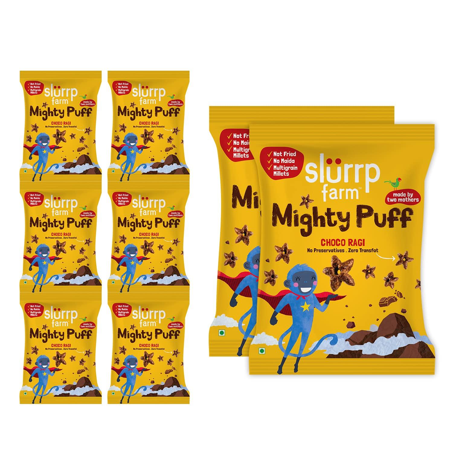 

Slurrp Farm Healthy Snacks for Kids | Mighty Puff Choco Ragi | Not Fried, No Maida | Ragi Snack for School Tiffin and Travel-Friendly | 8 X 20g E