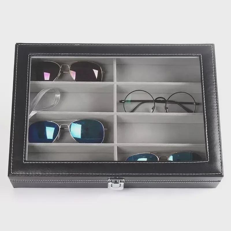 Leather Sunglasses Storage Box with 8 Compartments - Fashionable Multi-Compartment Display for Large Glasses