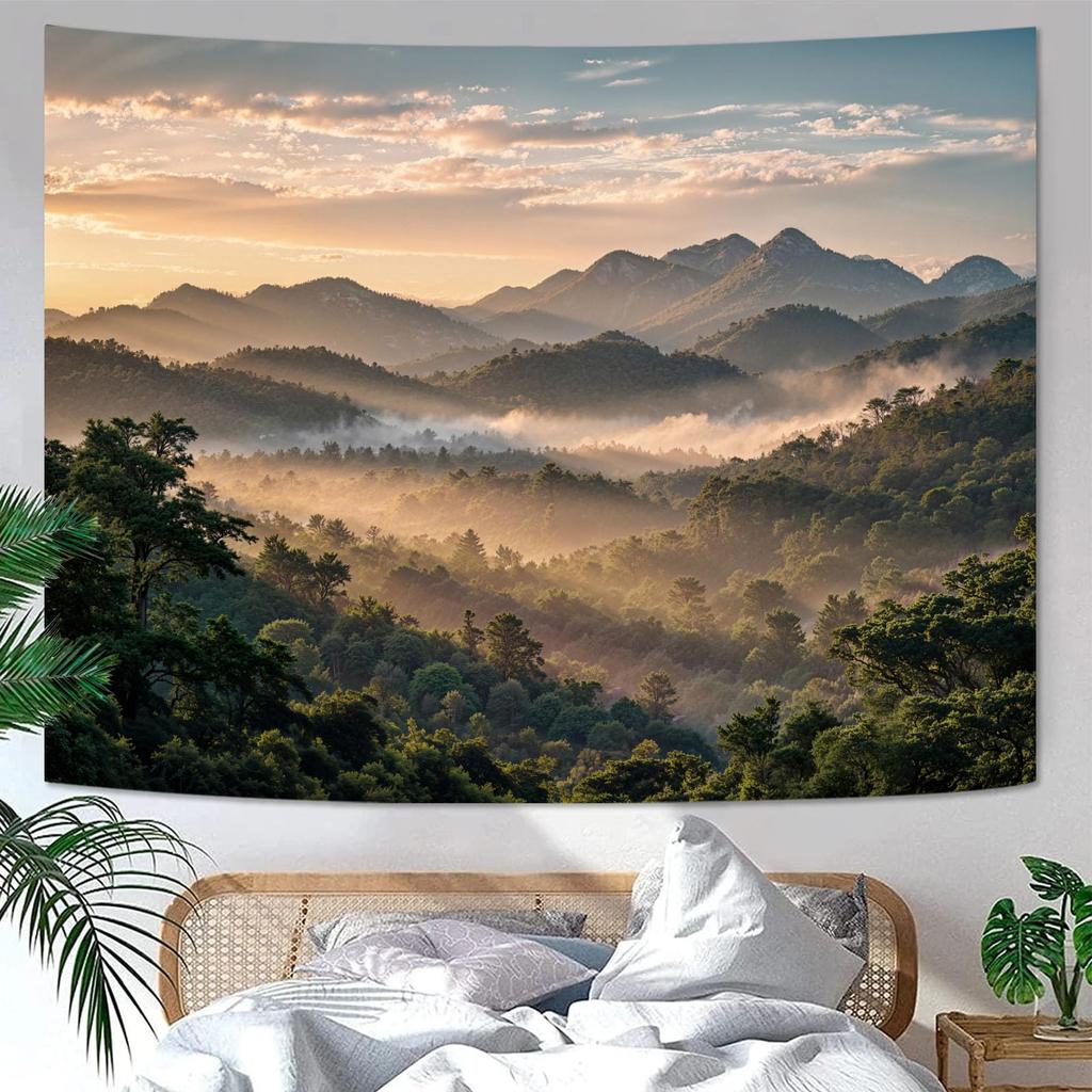 Nature Mountain Forest Tapestry Sage Green Tree Stream Wall Tapestry for Bedroom Aesthetic Lush Woodland Landscape Small