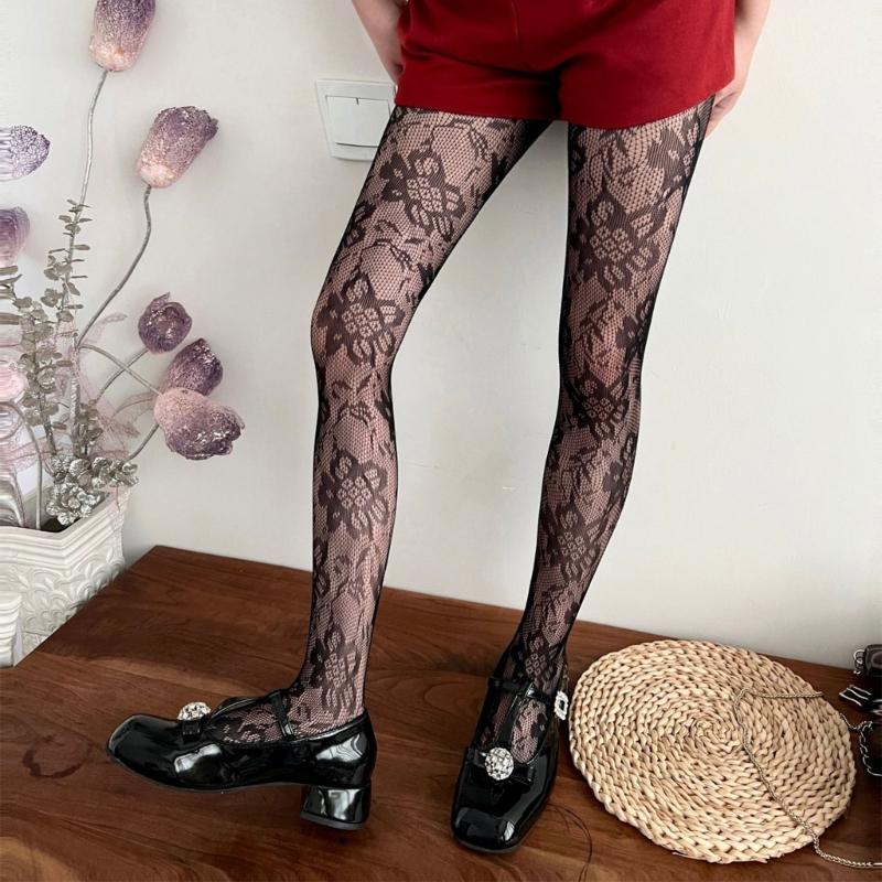 Damen Sexy Ausgeschnittene Durchsichtige Fischgrät-Strumpfhosen Ästhetische Vintage Blumenmuster-Leggings Farbige Netz-Spitzenstrumpfhosen